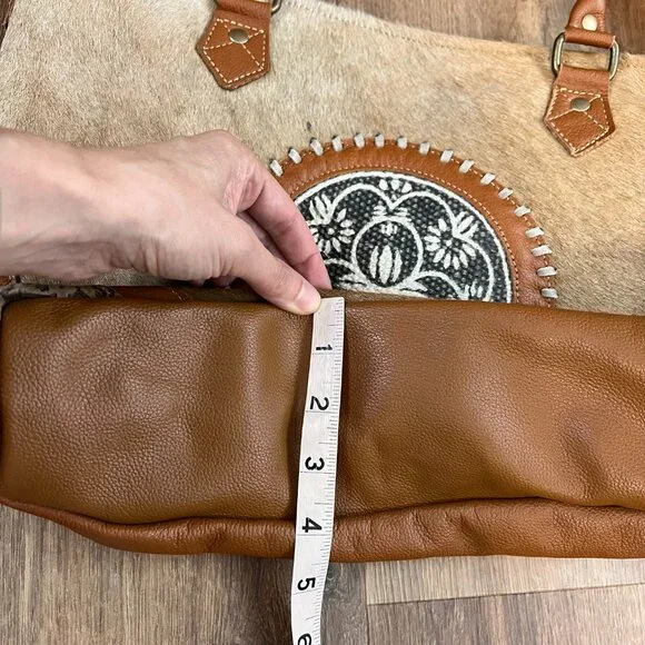Myra Bag Brown Cow Hide Leather Turquoise Boho Western Large Crossbody Tote - Picture 11 of 14